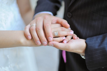 Obraz na płótnie Canvas groom holds his bride's hand