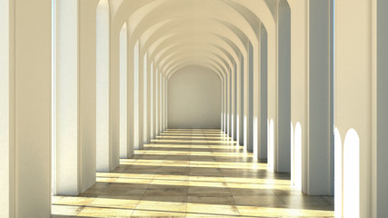 3d rendering. Colonnade. The white classic interior
