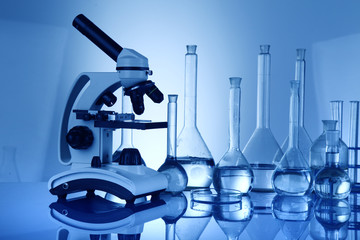 Science concept, Chemical laboratory glassware, microscope