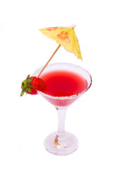 Strawberry cocktail with umbrella on a white background seen from above