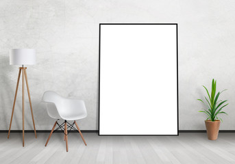 White poster frame mock up leaning against wall. Free space for design and text. Scene with lamp, chair and plant.