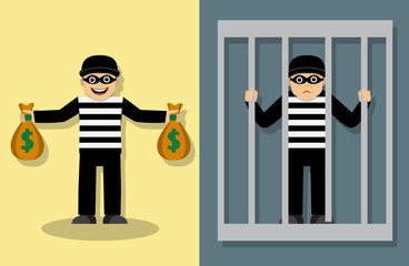 joyful thief in a mask standing and holding bags of money. Sad thief is in jail