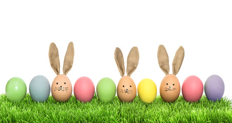 Colorful funny bunny easter eggs in green grass
