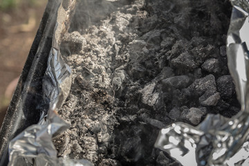Dry charcoal and Ash inside a grill - Close Up
