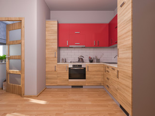 3D visualization of interior design kitchen in a studio apartment