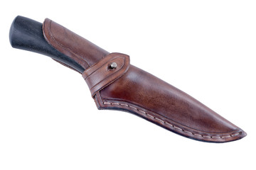 Work knife in a leather pouch on a white background