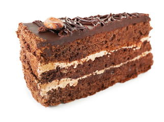 Piece of chocolate cake isolated on white