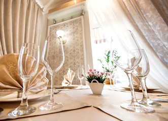 Table set for wedding or another catered event dinner.