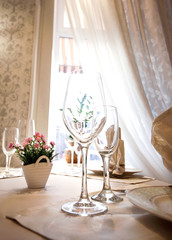 Table set for wedding or another catered event dinner.