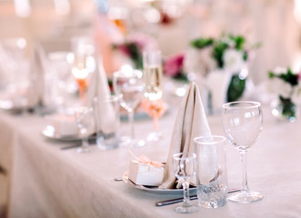 Table set for wedding or another catered event dinner.