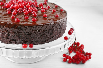 Chocolate cake with cranberries and, closeup