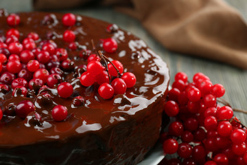 Chocolate cake with cranberries, closeup