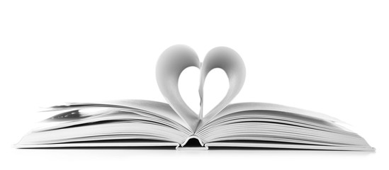 Heart from book pages on light grey background
