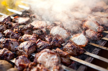 beef and pork steak bbq on the grill