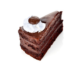 Chocolate cake slice on white background