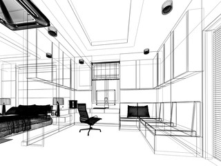 sketch design of sitting room ,3dwire frame render