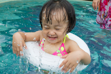 Asian Little Chinese Girl Playing in Swimming Pool