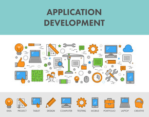 Linear concept web banner and icons for application development.