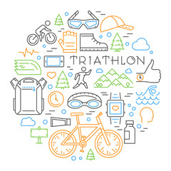Fototapeta na wymiar Colored linear triathlon concept. Line triathlete and other elem