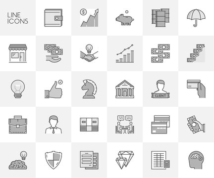 Vector line set of icons for finance and investment.