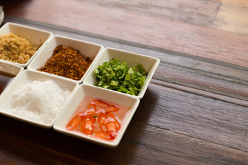 set of thailand condiment seasoning for rice gruel