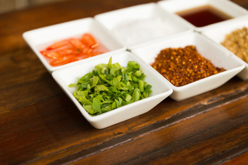 set of thailand condiment seasoning for rice gruel