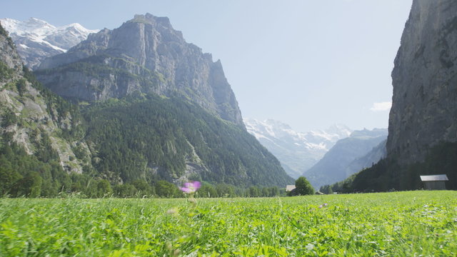 Landscape of Swiss Alps Lauterbrunnen valley in Switzerland, Europe in summer. Beautiful classic nature scenery from Bernese Oberland with mountains Jungfrau, Eiger and Monch in background. 