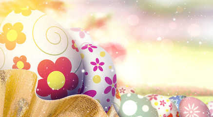 sunlight on easter eggs, blossom and vintage design, motion blur background