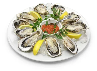 Foto op Plexiglas verse oesters plaat geïsoleerd op witte achtergrond © uckyo