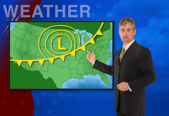 A tv television news weather meteorologist anchorman is reporting with a colorful background and weather graphics on the monitor screen - 103588568