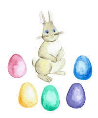 Watercolor easter rabbit and colorful eggs isolated  on white background