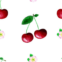 Fototapeta na wymiar Seamless pattern with watercolor cherries