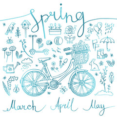 spring, set of blue icons and symbols with bike, inscription, vector illustration