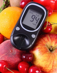 Glucometer with fruits and vegetables, healthy nutrition, diabetes
