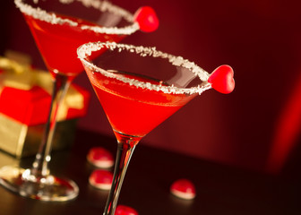 Red cocktails in martini glasses for Valentines day