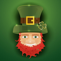 Portrait of Leprechaun. Irish man with clover leaf and hat. St. Patrick's Day design with copy space. 