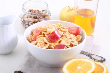 Corn and rice flakes with a fresh apple, Muesli with Apple slice