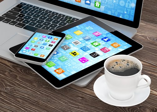 Laptop, phone, tablet pc and coffee.