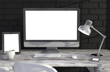 Fototapeta premium 3D illustration PC screen on table in office, Workspace