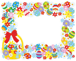 Horizontal vector frame with a decorated Easter basket, colorfully painted eggs and flowers