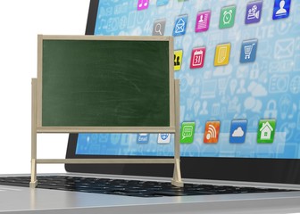  Laptop with chalkboard, online education concept