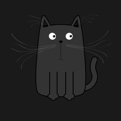 Fototapeta na wymiar Cute black cartoon cat. Big mustache whisker. Funny character. Flat design. Black background.