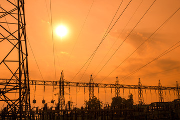 Silhouette of high voltage power lines