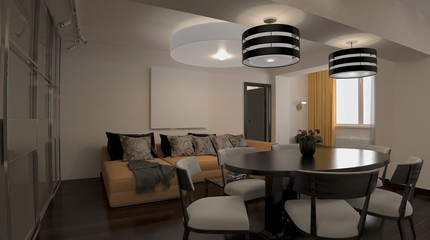 3d rendering. Interior of modern apartment, empty living room with large windows