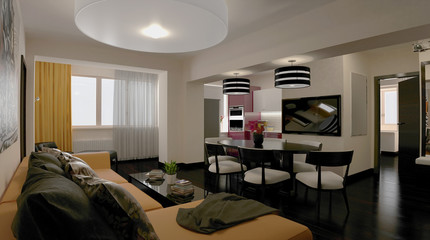 3d rendering. Interior of modern apartment, empty living room with large windows