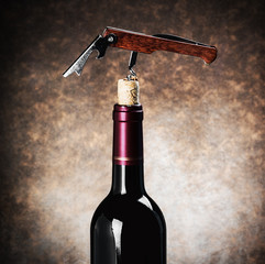Closeup corkscrew in a wine bottle