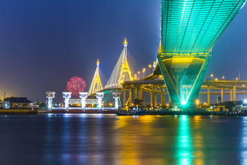 Fototapeta na wymiar The Bhumibol Bridge, also known as the Industrial Ring Road Bridge is part of the 13 km long Industrial Ring Road connecting southern Bangkok with Samut Prakan Province.