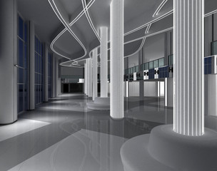 3d rendering.Mall interior. Empty hall interior with ceramic floor to ceiling windows and scenic background