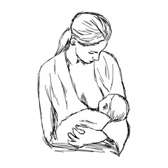 illustration vector doodle hand drawn of sketch baby feeds on MOM's breasts, Breastfeeding baby