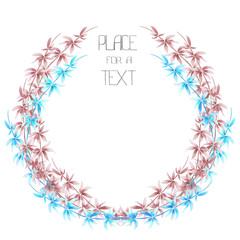 Obraz premium A wreath (circle frame) with the blue and vinous floral branches, hand-drawn in a watercolor on a white background, place for a text